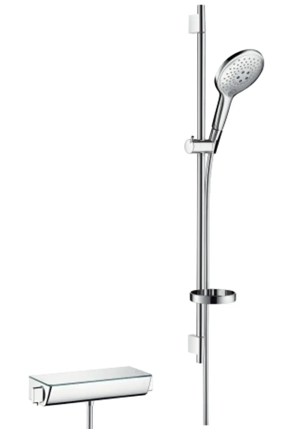 Chromfarbener Duschkopf mit Halterung und Schlauch, montiert an einer vertikalen Stange. Unter der Duschsteuerung befindet sich ein thermostatisches System von Hansgrohe.
